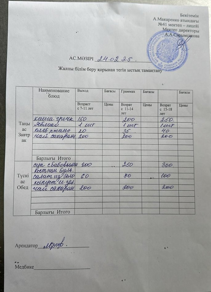 2025 жылдың 24 ақпандағы ас мәзірі