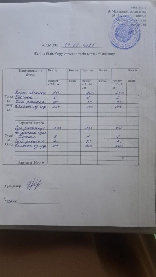 2025 жылдың 19 наурыздың ас мәзірі