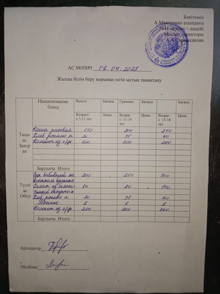 2025 жылдың 01 сәуірдің ас мәзірі