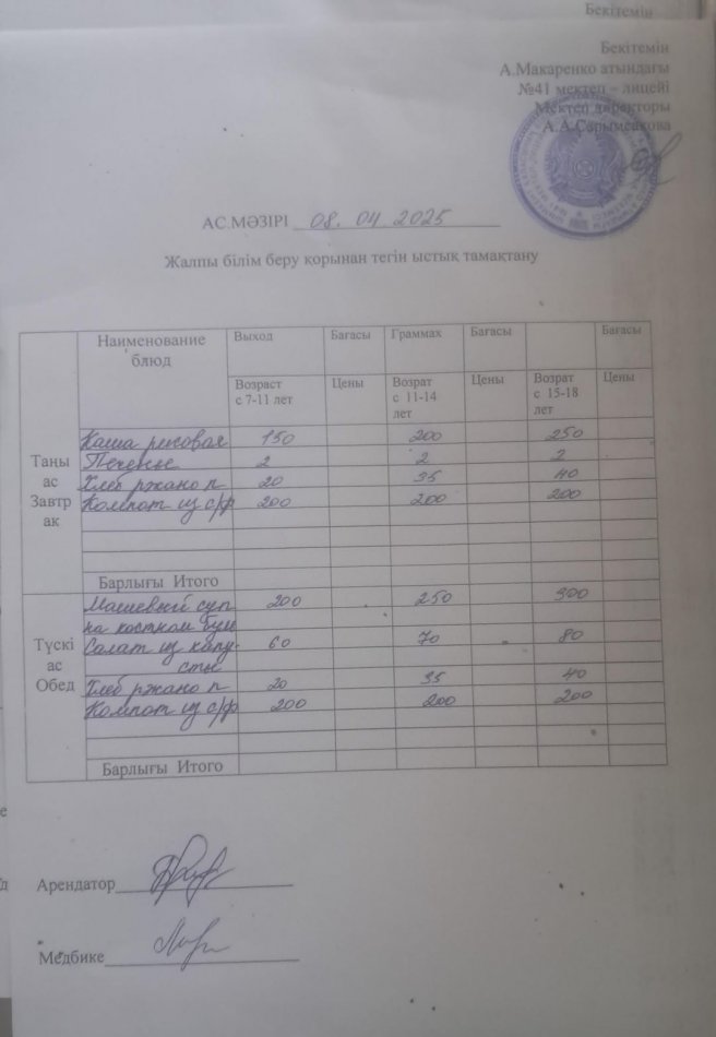 2025 жылдың 08 сәуірдің ас мәзірі