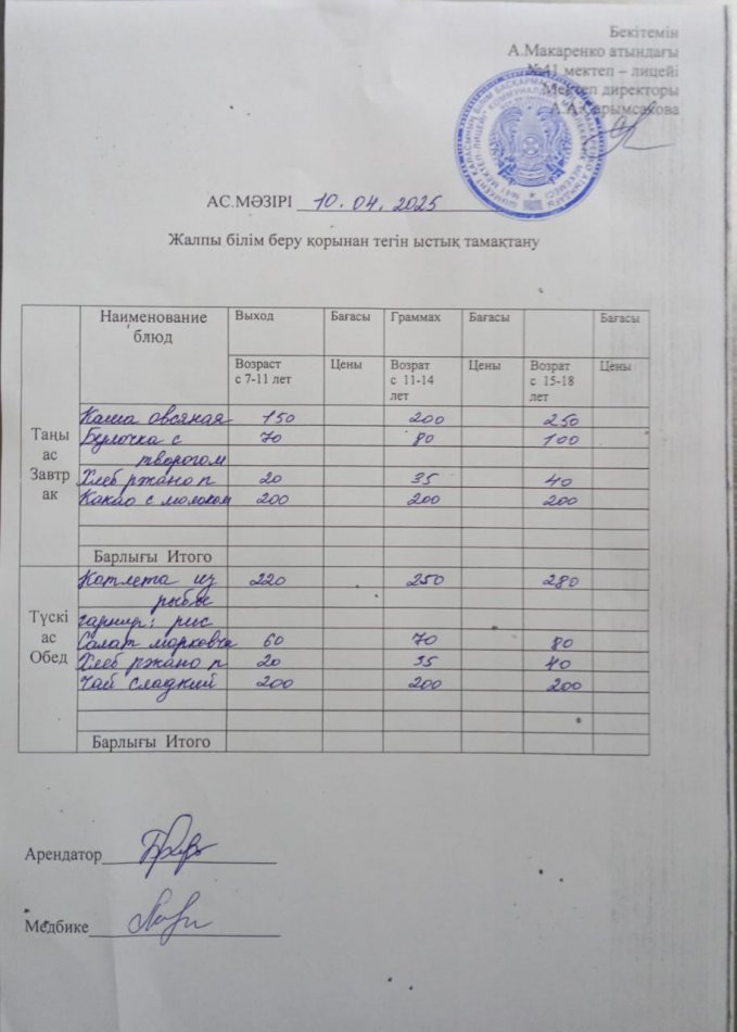 2025 жылдың 10 сәуірдің ас мәзірі