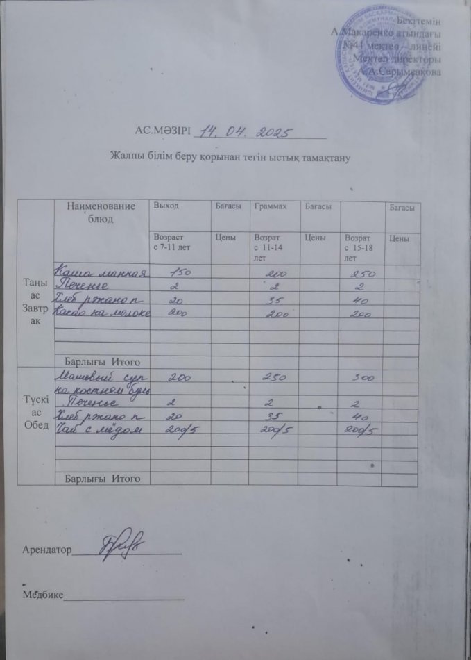 2025 жылдың 14 сәуірдің ас мәзірі