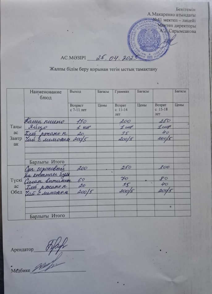 2025 жылғы 25 сәуірдің ас мәзірі
