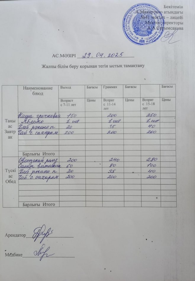 2025 жылғы 29 сәуірдің ас мәзірі