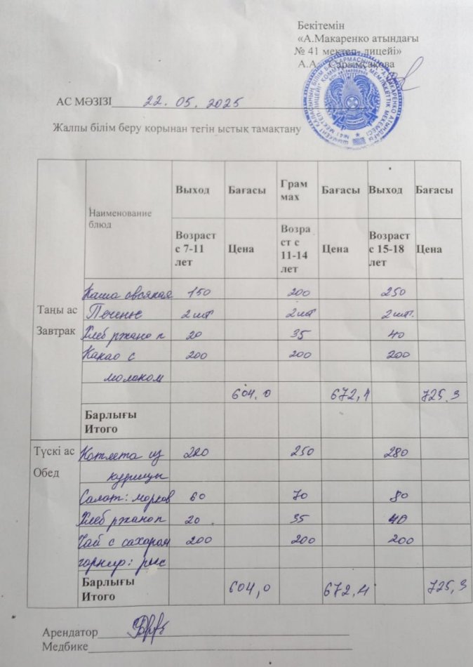 2025 жылдың 22 мамырдың ас мәзірі
