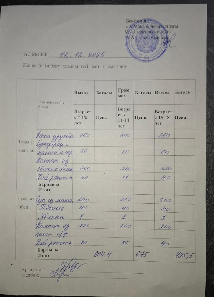 2025 жылдың 12 декабрьдағы ас мәзірі