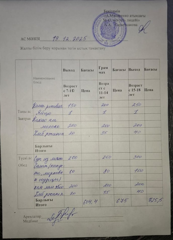 2025 жылдың 19 желтоқсандағы ас мәзірі