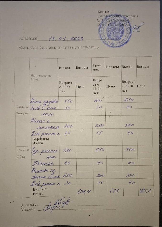 2026 жылдың 13 қаңтардағы ас мәзірі