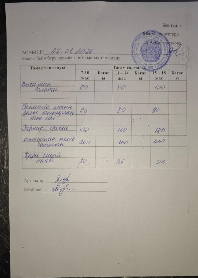 2026 жылдың 27 январьдағы ас мәзірі