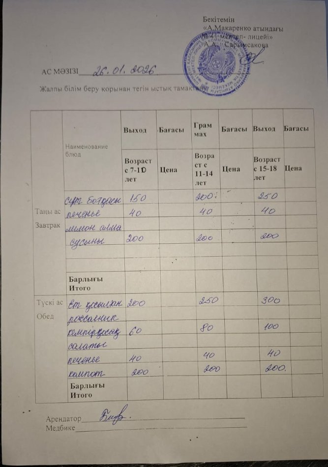 2025 жылдың 26 январьдағы ас мәзірі