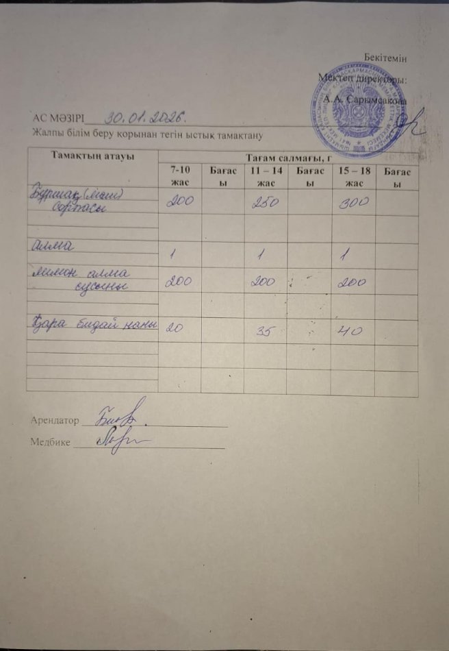 2026 жылдың 30 январьдағы ас мәзірі