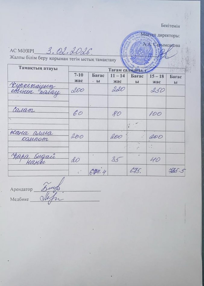 2026 жылдың 03 февральдағы ас мәзірі
