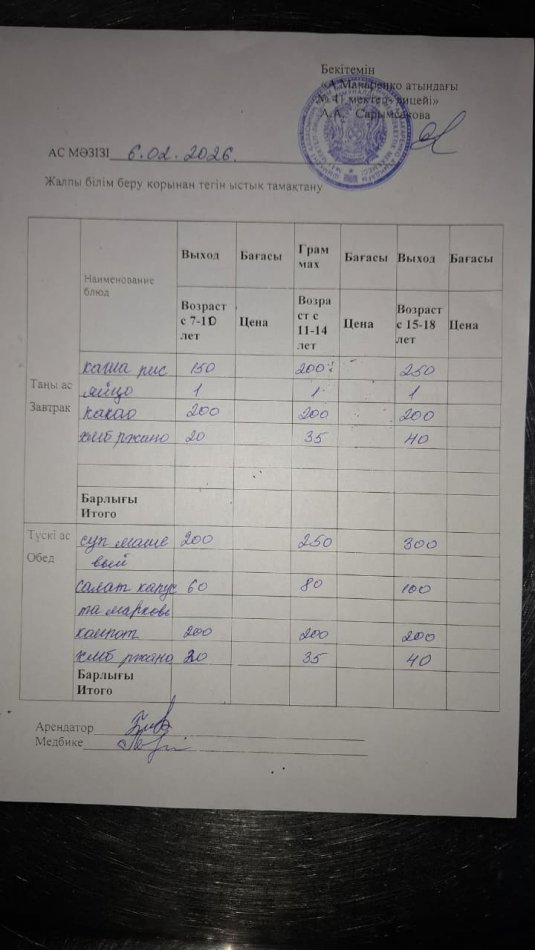 2026 жылдың 06 февральдағы ас мәзірі