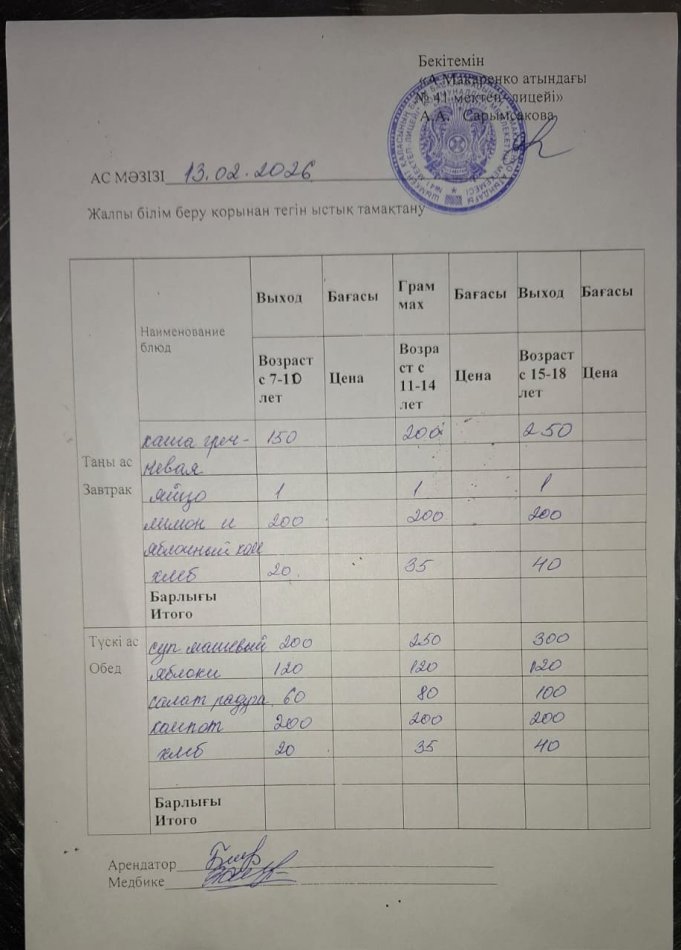 2026 жылдың 13 ақпандағы ас мәзірі