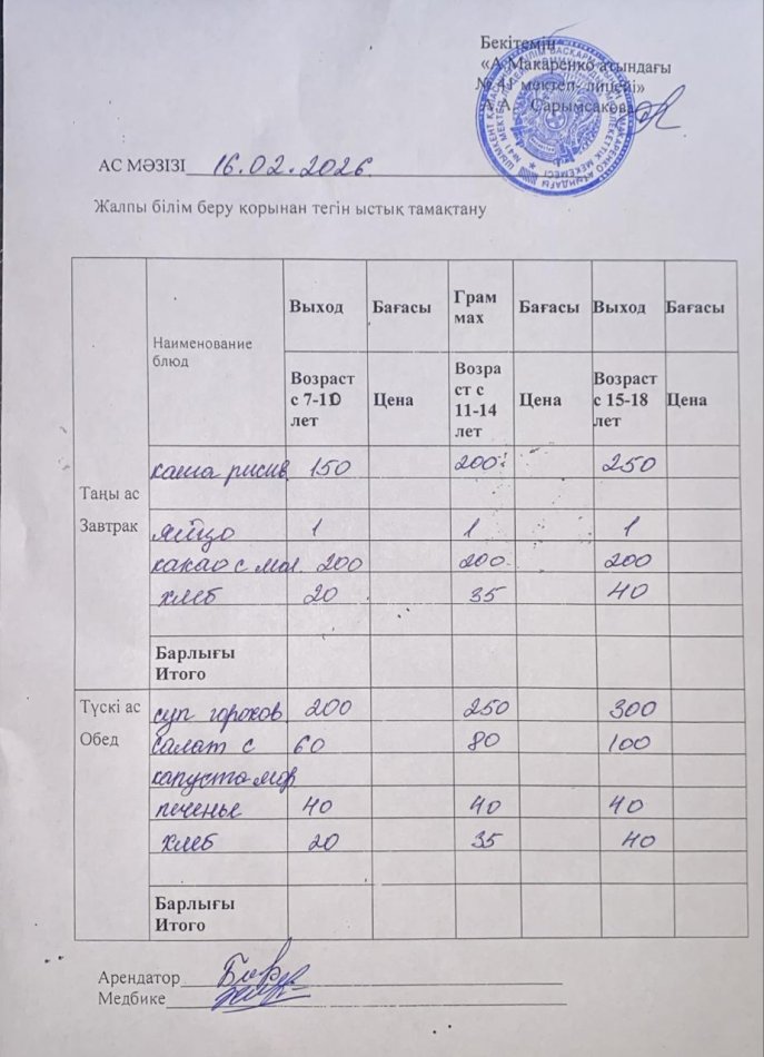 2026 жылдың 16 ақпандағы ас мәзірі