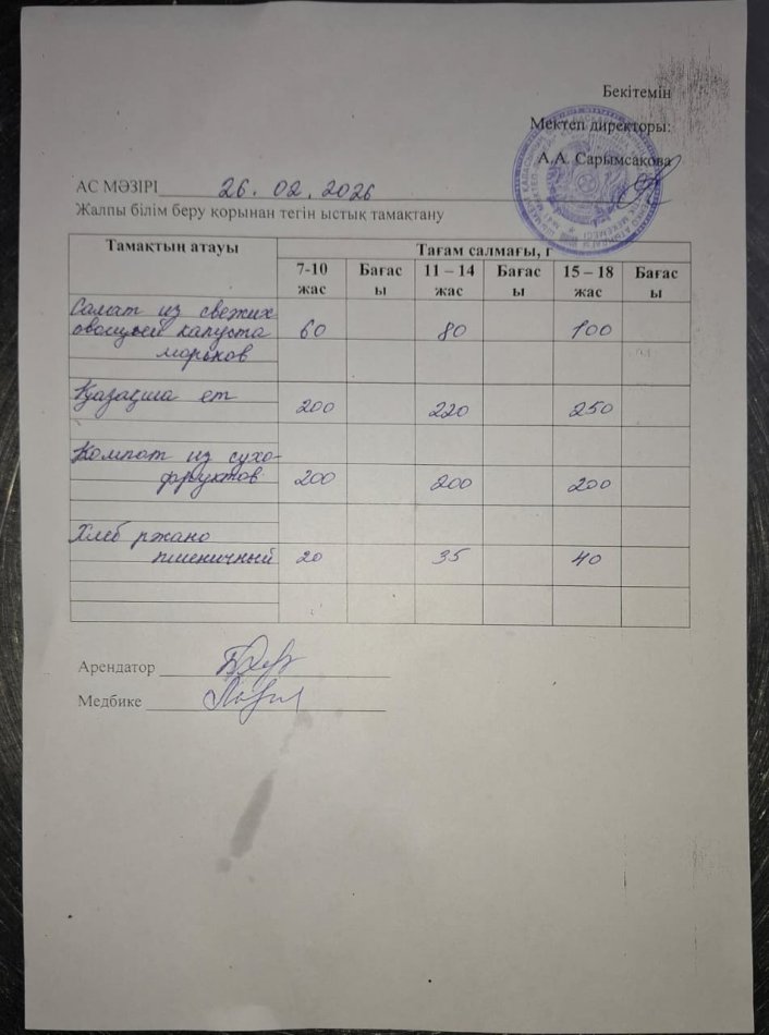 2026 жылдың 26 ақпандағы ас мәзірі