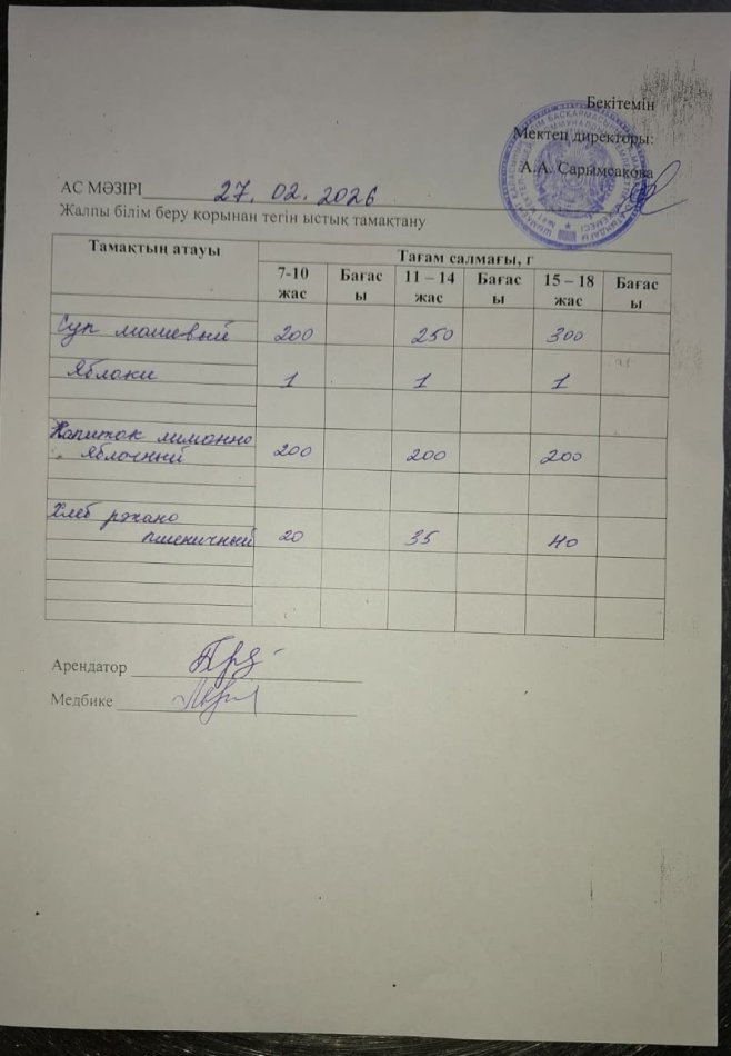 2026 жылдың 27 ақпандағы ас мәзірі