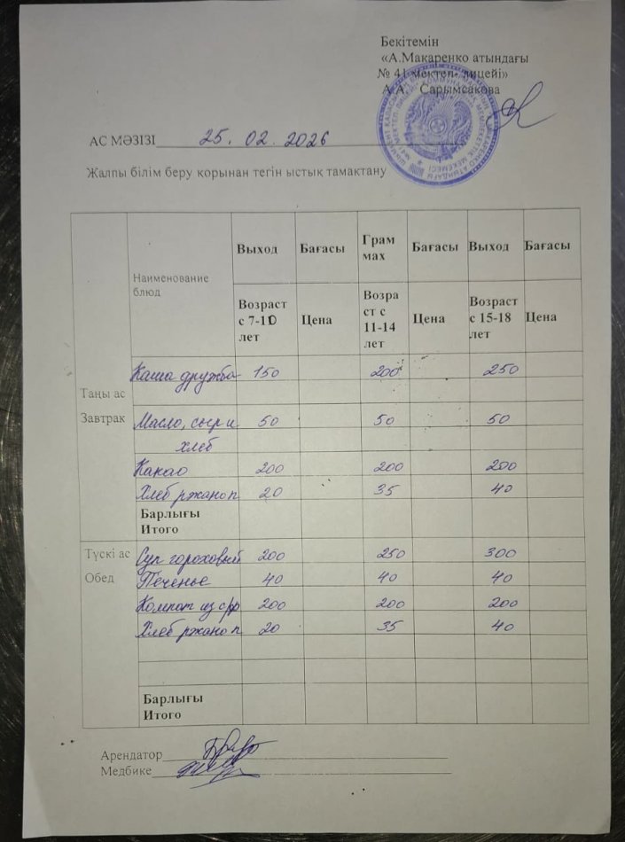 2026 жылдың 25 ақпандағы ас мәзірі