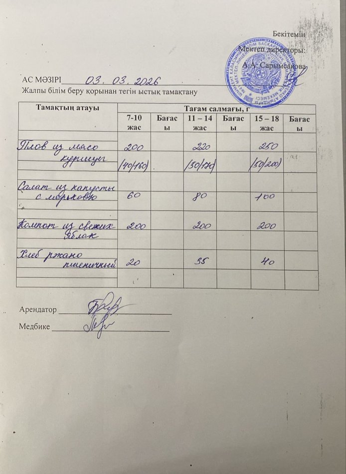2026 жылдың 03 наурыздағы ас мәзірі