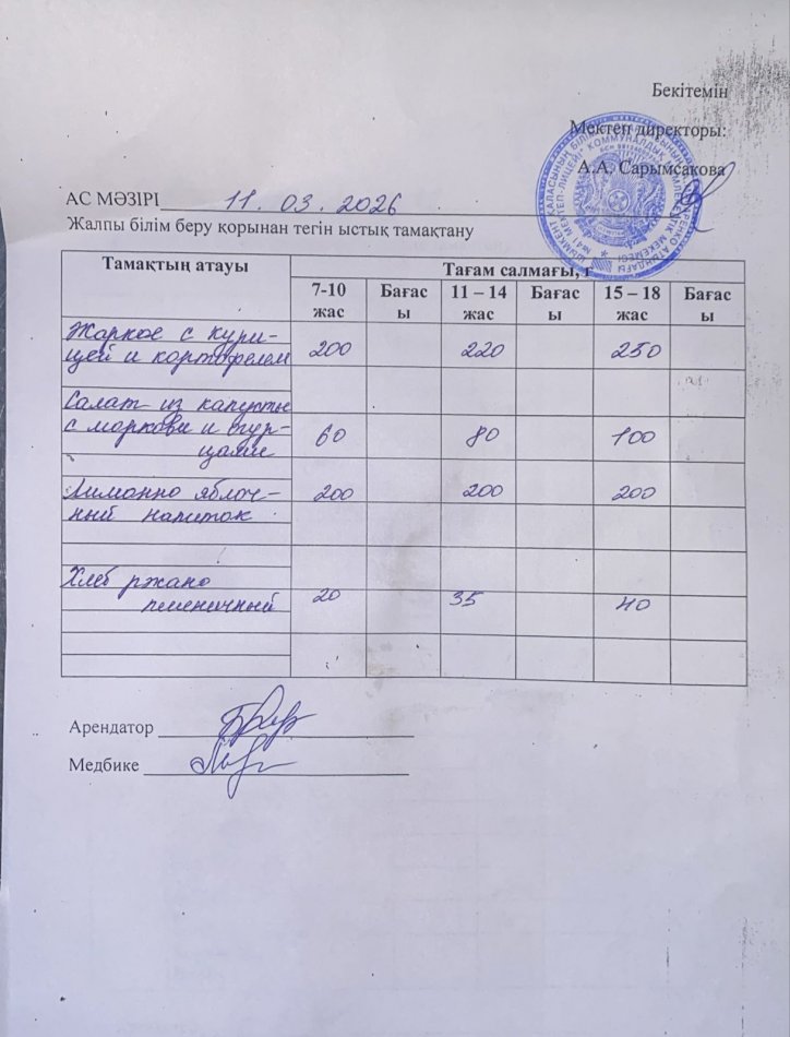 2026 жылдың 11 наурыздағы ас мәзірі
