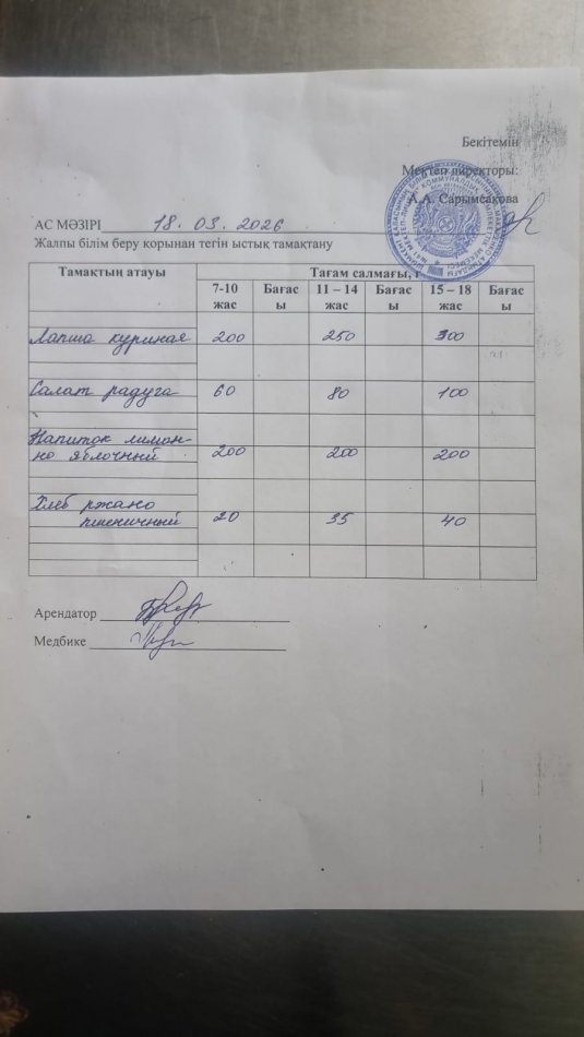 2026 жылдың 18 наурыздағы ас мәзірі