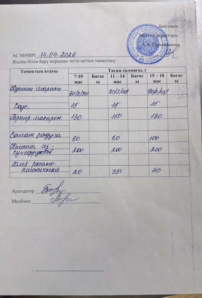 2026 жылдың 14 сәуірдің ас мәзірі