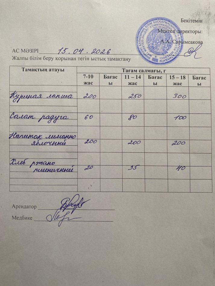 2026 жылдың 15 сәуірдің ас мәзірі