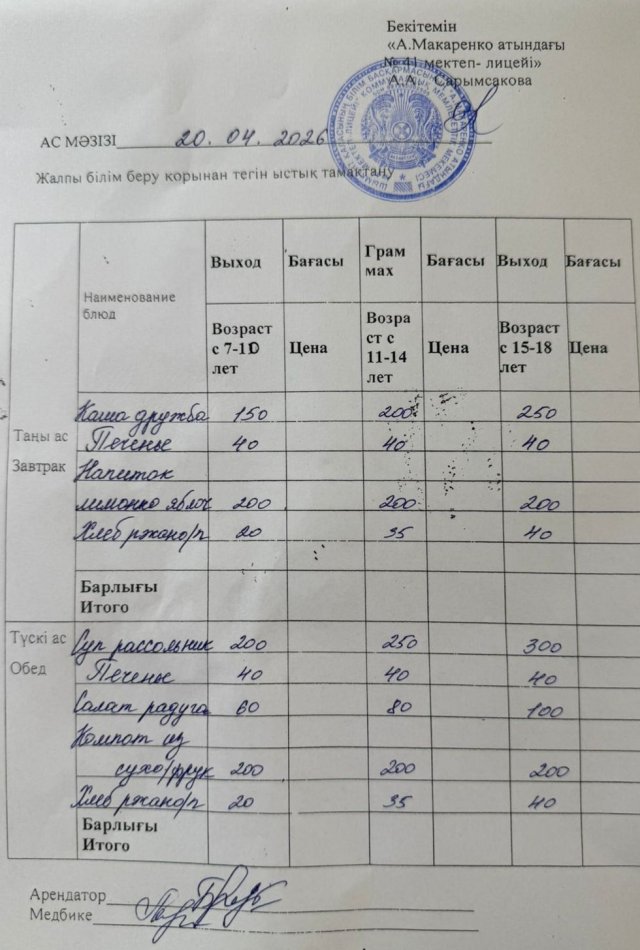 2026 жылдың 20 сәуірдің ас мәзірі
