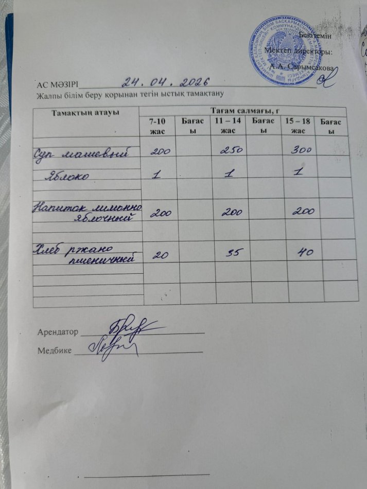 2026 жылдың 24 сәуірдің ас мәзірі