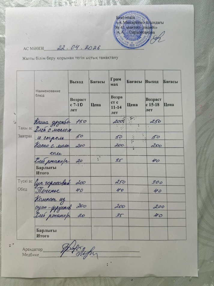 2026 жылдың 22 сәуірдің ас мәзірі
