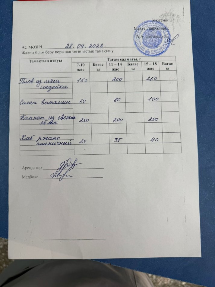 2026 жылдың 28 сәуірдің ас мәзірі