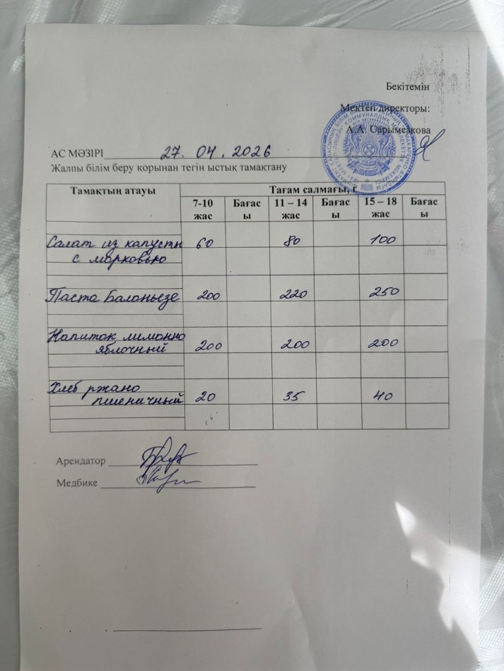 2026 жылдың 27 сәуірдің ас мәзірі