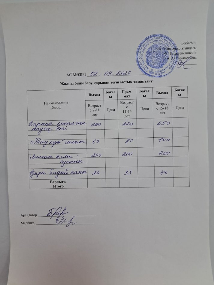 2026 жылдың 2 қыркүйектің ас мәзірі
