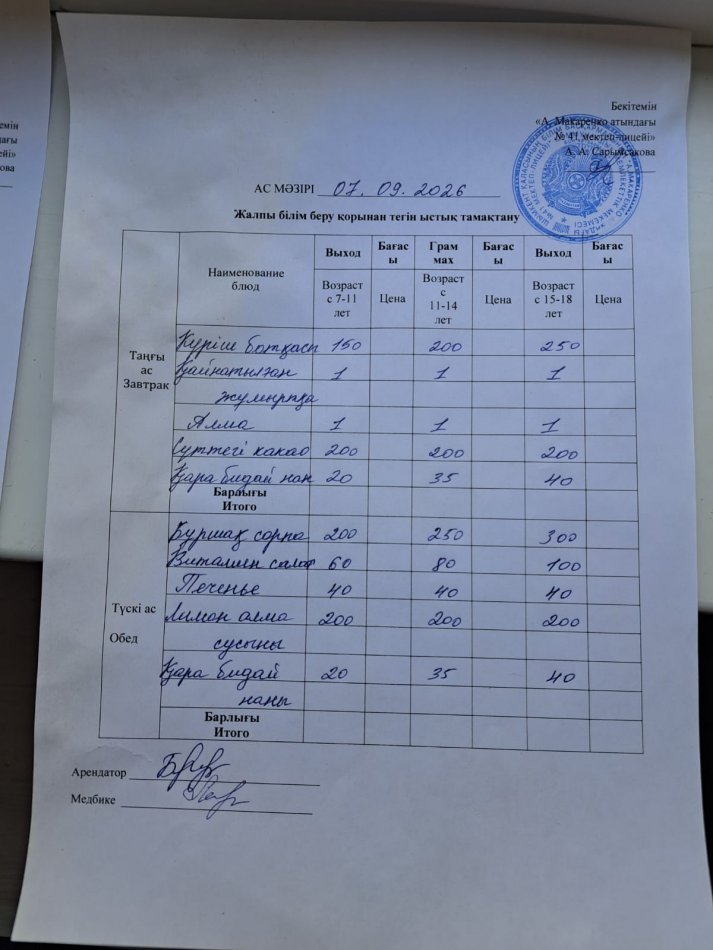 2026 жылдың 7 қыркүйектің ас мәзірі